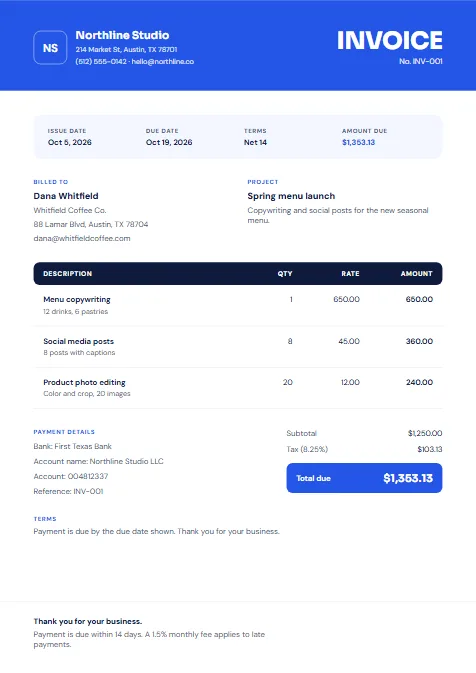 Classic Blue invoice template preview