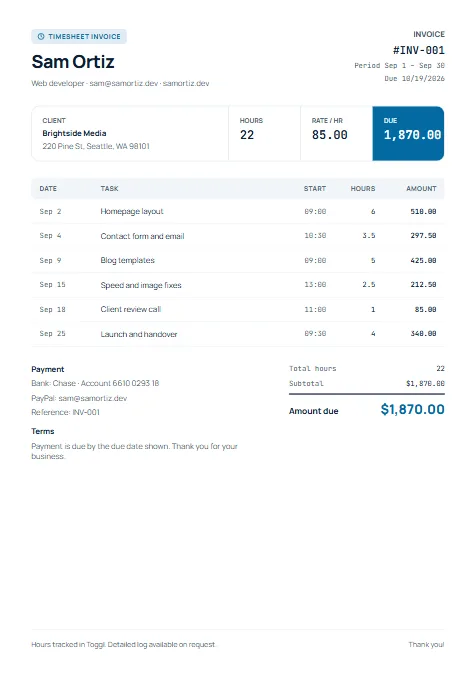 Hourly Timesheet invoice template preview