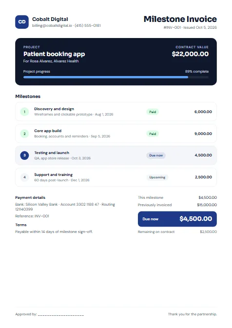 Project Milestone invoice template preview